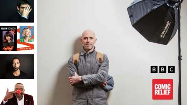 Photographer, Jason Baron, stood against a white wall under a photography light on a stand, facing the camera. In the corner are the BBC and Comic Relief logos. Down the left side are images Jason has taken including Louis Theroux, Lenny Henry, Claudia Winkleman, Lauren Laverne, and Rio Ferdinand.